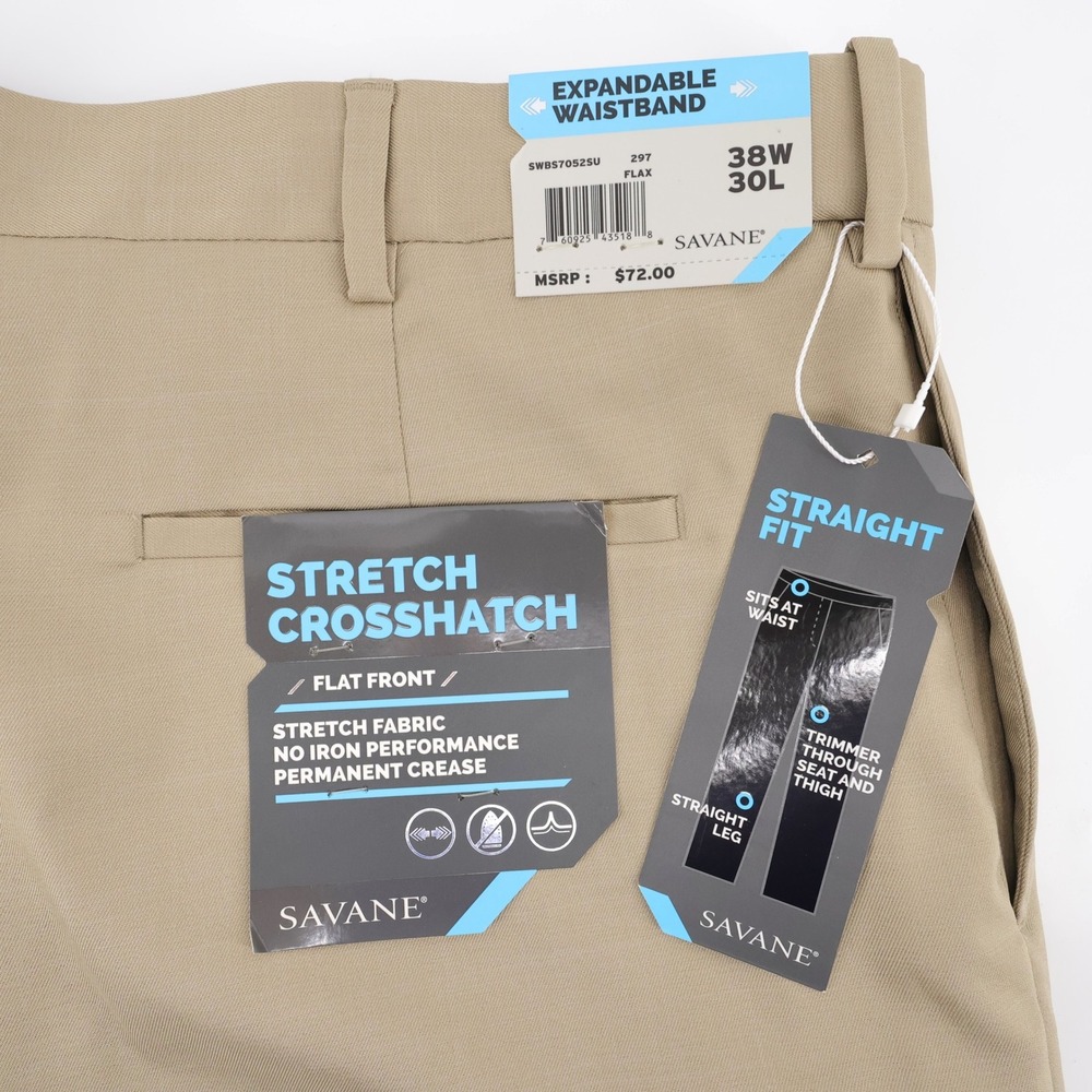 NEW Savane Stretch Crosshatch Straight Fit Pants Flax Tan Mens 38x30